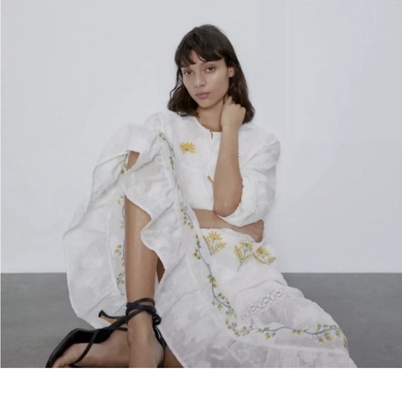 Zara White Embroidered Maxi Dress S - Picture 4 of 12